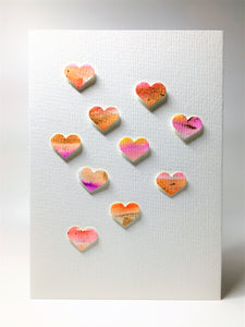 Hand-painted greeting card - Ten Pink, Orange and Gold Hearts Design - eDgE dEsiGn London