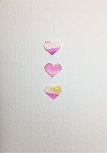Original Hand Painted Greeting Card - Three Pink, White and Gold Hearts - eDgE dEsiGn London