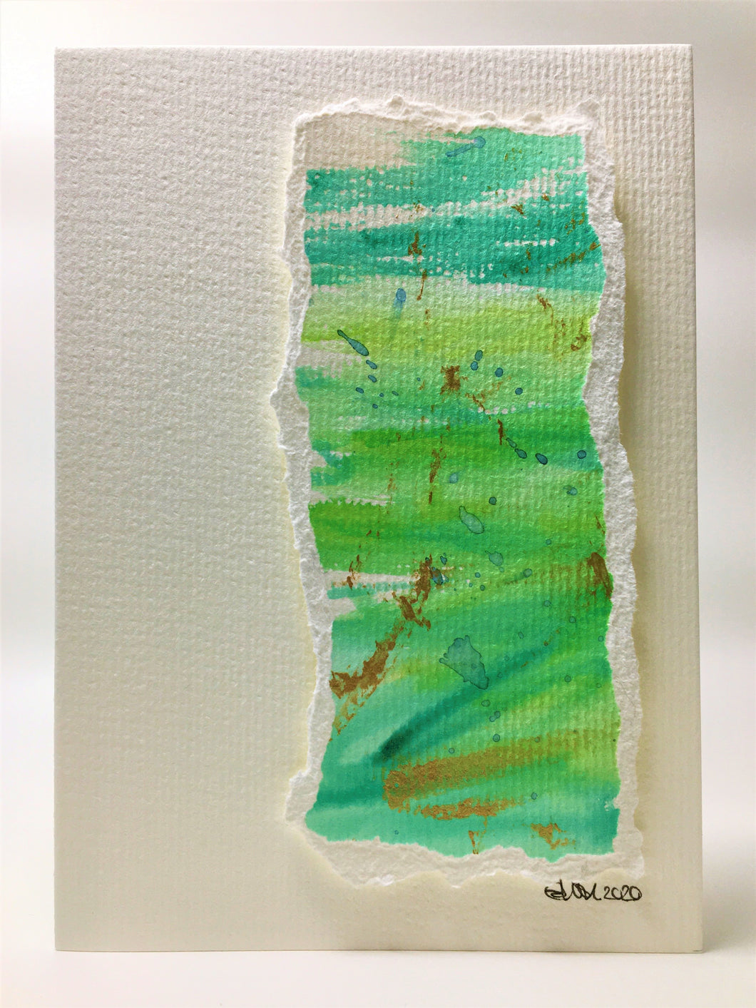 Original Hand Painted Greeting Card - Abstract Green, Blue and Gold #2 - eDgE dEsiGn London