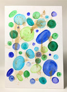 Original Hand Painted Greeting Card - Green, Blue Circles with Gold - eDgE dEsiGn London