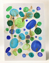Original Hand Painted Greeting Card - Green, Blue Circles with Gold - eDgE dEsiGn London