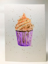 Original Hand Painted Greeting Card - Purple, Orange & Gold Cupcake - eDgE dEsiGn London