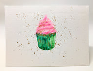 Original Hand Painted Greeting Card - Green, Pink & Gold Cupcake - eDgE dEsiGn London