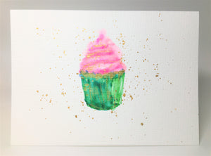 Original Hand Painted Greeting Card - Green, Pink & Gold Cupcake - eDgE dEsiGn London