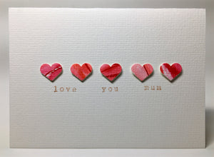 Original Hand Painted Mother's Day Card - 5 Red and Pink Hearts - eDgE dEsiGn London