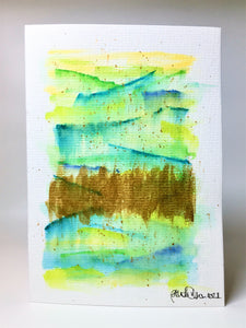 Abstract Yellow, Green and Gold - Hand Painted Watercolour Greeting Card