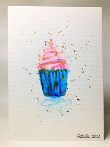 Original Hand Painted Greeting Card - Pink, Blue & Gold Cupcake - eDgE dEsiGn London