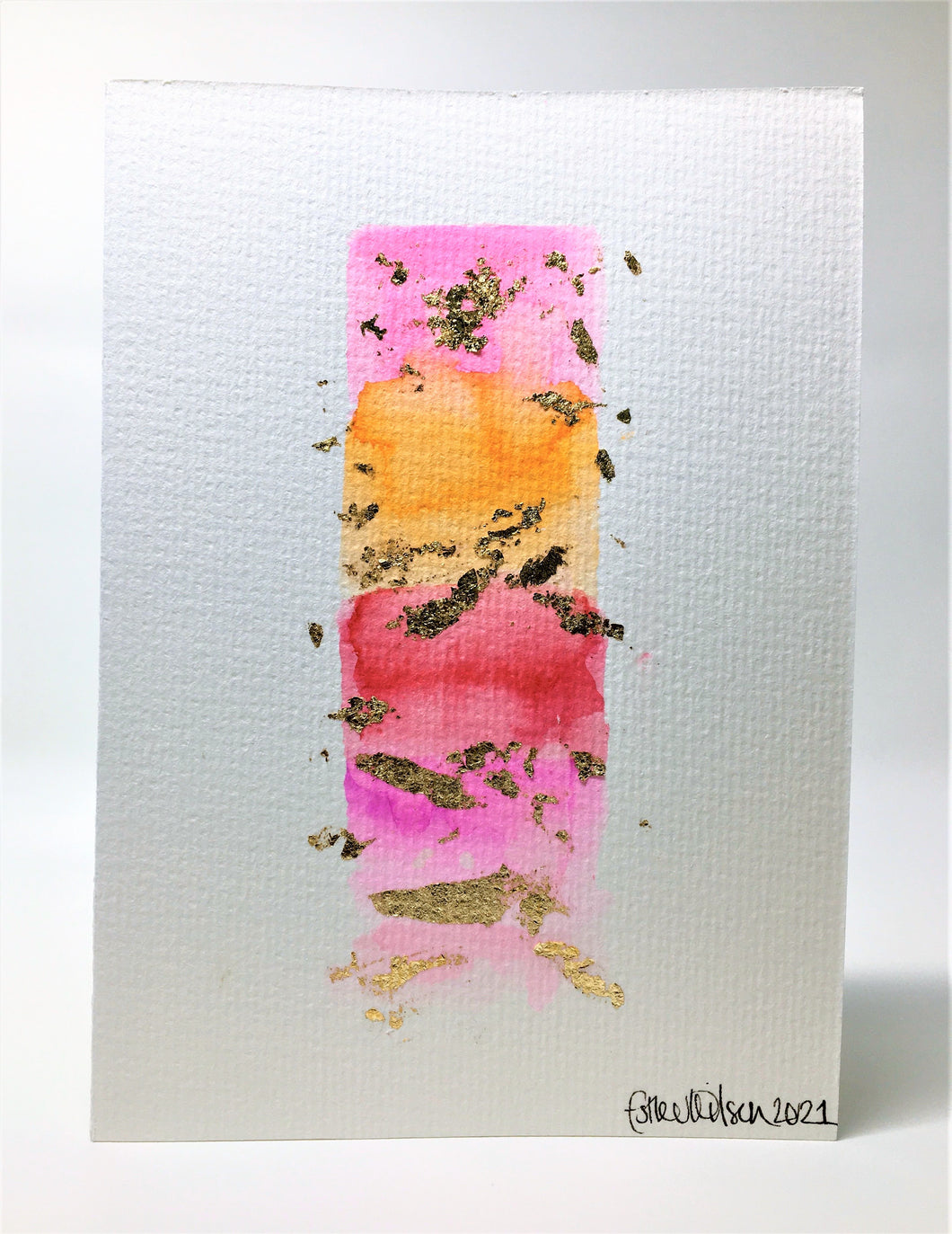 Abstract Orange, Red and Pink, Gold Leaf Design - Hand Painted Greeting Card