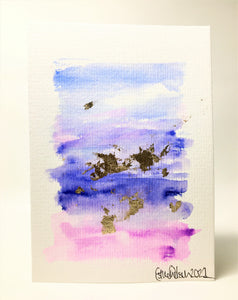 Abstract Purple, Blue and Gold Leaf Design - Hand Painted Greeting Card