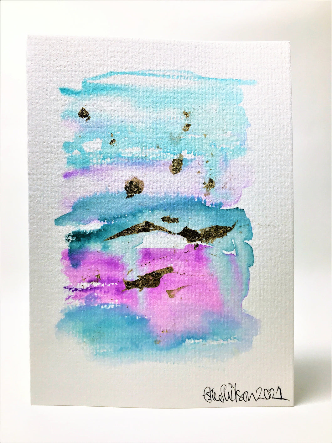Abstract Turquoise, Purple and Gold Leaf Design - Hand Painted Greeting Card