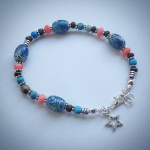 Beaded bracelet - Coral, Turquoise, White and Silver with Star Pendant - eDgE dEsiGn London