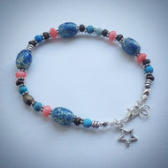 Beaded bracelet - Coral, Turquoise, White and Silver with Star Pendant - eDgE dEsiGn London