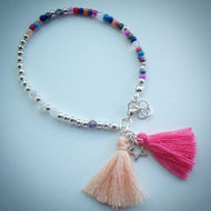 Beaded bracelet - Silver with pink and peach tassels, beads and crystals - eDgE dEsiGn London