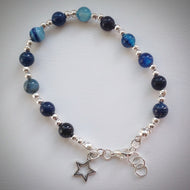 Beaded Bracelet - Blue banded Agate with Silver Plated Beads and Star Pendant - eDgE dEsiGn London