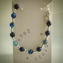 Beaded Bracelet - Blue banded Agate with Silver Plated Beads and Star Pendant - eDgE dEsiGn London