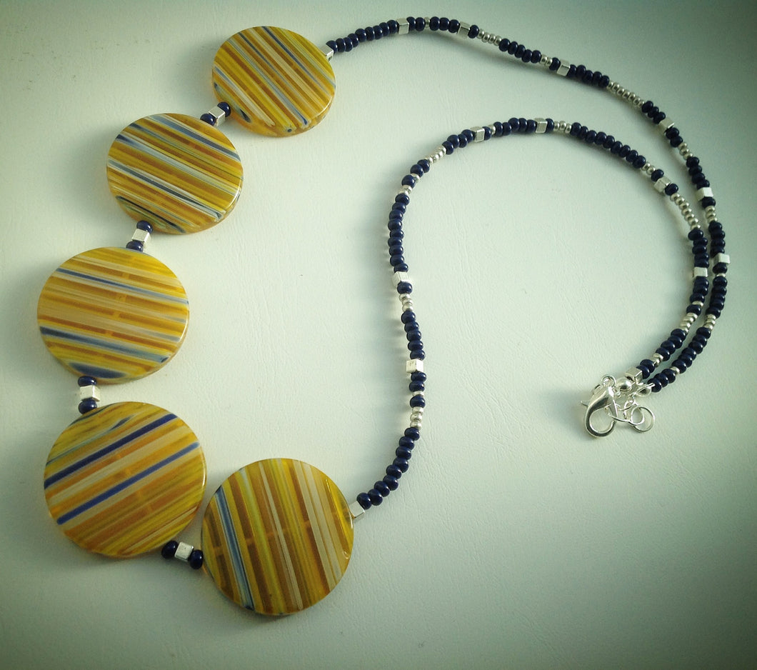 Beaded necklace - Large Yellow and Blue Millefiori discs with navy and silver beads - eDgE dEsiGn London