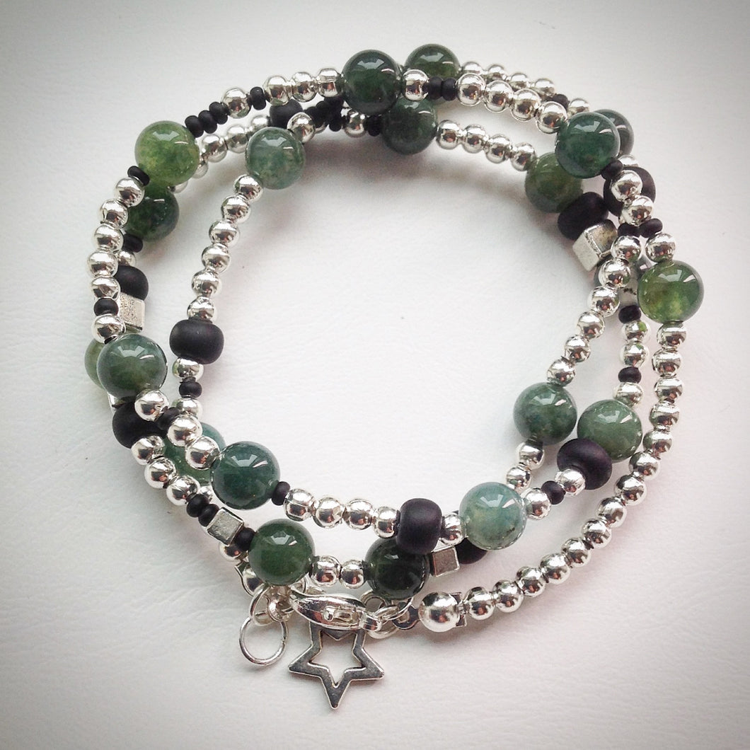 Beaded Lacelet - Necklace and bracelet - Silver with Green Agate and Black beads - eDgE dEsiGn London