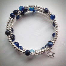Beaded Memory Wire Bracelet - Blue Banded Agate and Silver - Triple Wrap Bangle - eDgE dEsiGn London