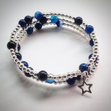 Beaded Memory Wire Bracelet - Blue Banded Agate and Silver - Triple Wrap Bangle - eDgE dEsiGn London