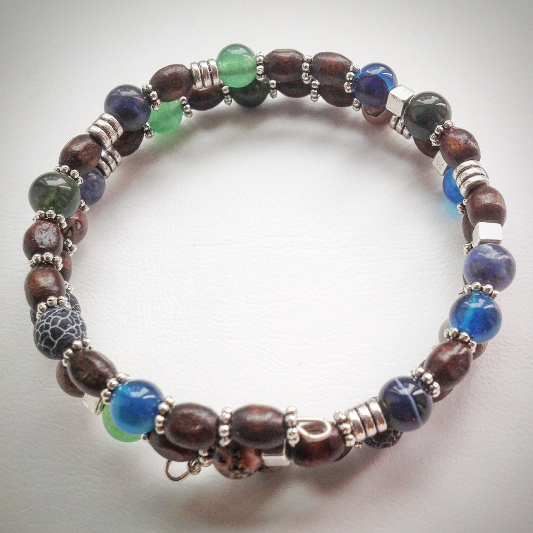 Beaded memory wire bracelet - Wood, Jade, Agate, Obsidian, Jasper and Sodalite beads - eDgE dEsiGn London