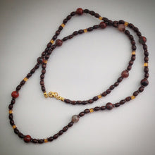 Beaded Necklace - Wood with Red Jasper, Orange Cube Beads and Gold - eDgE dEsiGn London