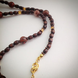 Beaded Necklace - Wood with Red Jasper, Orange Cube Beads and Gold - eDgE dEsiGn London