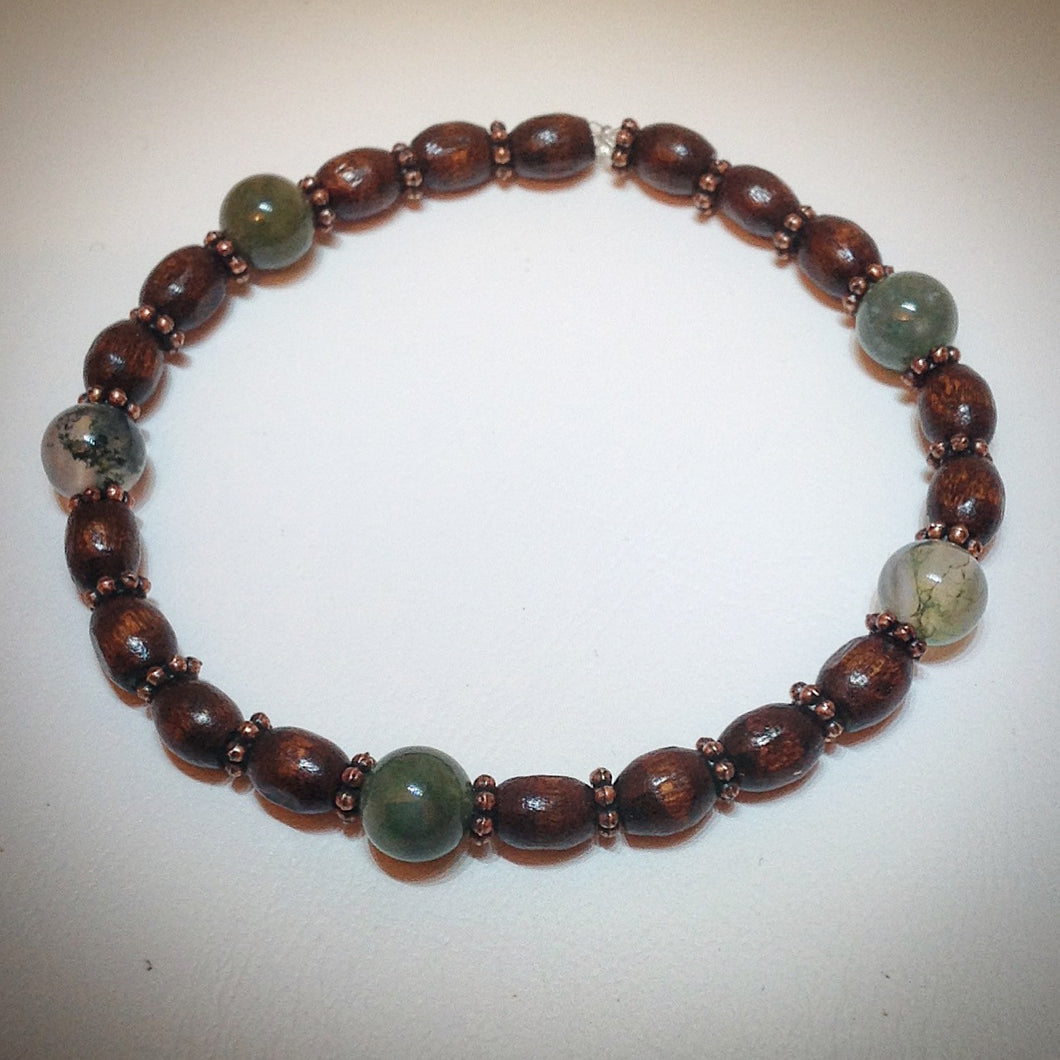 Beaded bracelet - Moss green Agate and wooden beads with antique Tibetan spacers - eDgE dEsiGn London