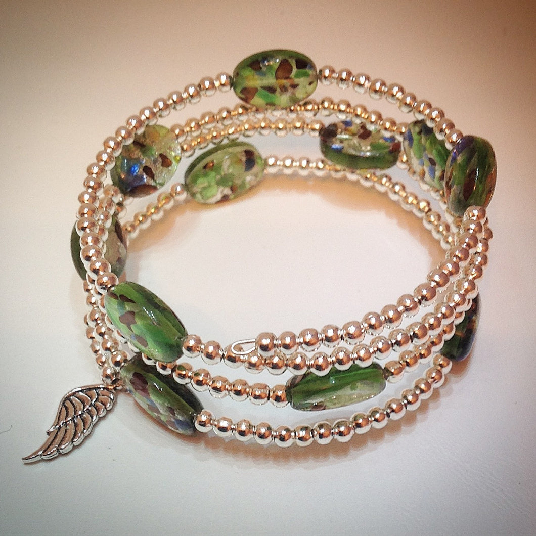 Beaded memory wire bracelet - Oval Venetian glass and silver beads with wing pendant - eDgE dEsiGn London