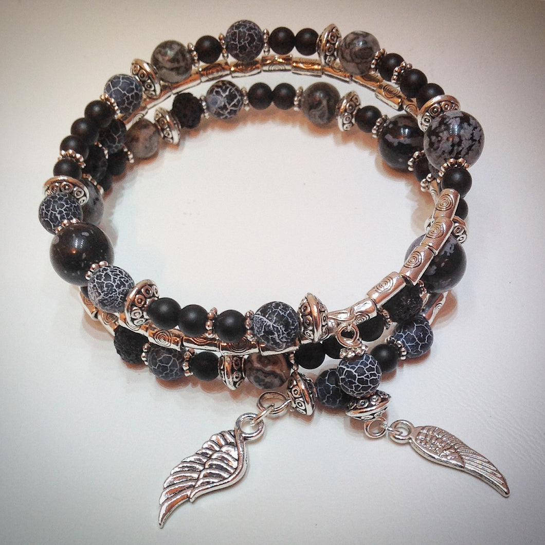 Beaded memory wire bracelet - Silver, Agate, Onyx, Obsidian, Volcanic beads and wing pendants - eDgE dEsiGn London