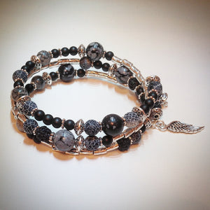 Beaded memory wire bracelet - Silver, Agate, Onyx, Obsidian, Volcanic beads and wing pendants - eDgE dEsiGn London