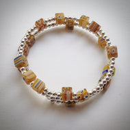 Beaded Memory Wire Bracelet - double wrap silver with Millefiori Cube beads - eDgE dEsiGn London