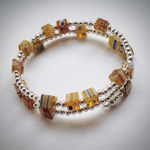 Beaded Memory Wire Bracelet - double wrap silver with Millefiori Cube beads - eDgE dEsiGn London