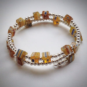 Beaded Memory Wire Bracelet - double wrap silver with Millefiori Cube beads - eDgE dEsiGn London