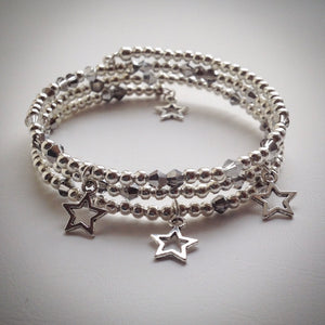 Beaded memory wire bracelet - triple wrap silver with Swarovski and stars - eDgE dEsiGn London