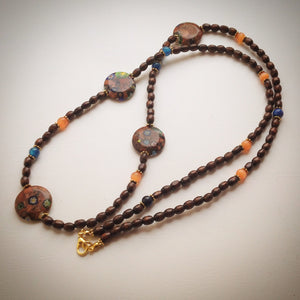 Beaded necklace - Millefiori discs, Orange Tigers Eye, Blue Agate and Wood - eDgE dEsiGn London