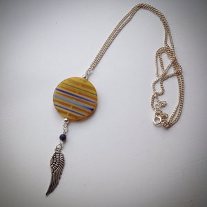 Silver plated chain with pendant - Yellow Millefiori Disc bead, Lapis Lazuli, Silver Wing Pendant - eDgE dEsiGn London