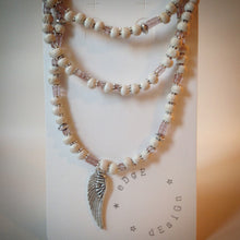 Beaded necklace - White wooden beads, lilac beads and wing pendant - eDgE dEsiGn London