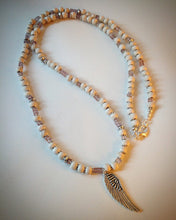 Beaded necklace - White wooden beads, lilac beads and wing pendant - eDgE dEsiGn London
