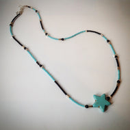 Beaded necklace - black, turquoise and silver beads with large turquoise star - eDgE dEsiGn London