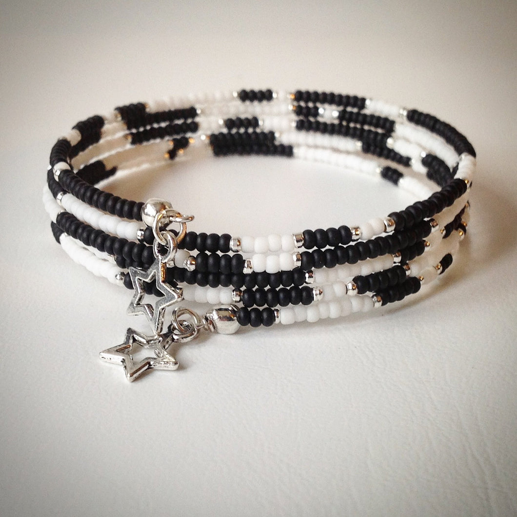 Beaded memory wire bracelet - black, white, silver beads and silver stars - eDgE dEsiGn London