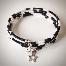 Beaded memory wire bracelet - black, white, silver beads and silver stars - eDgE dEsiGn London