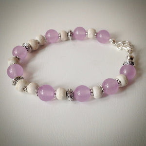 Beaded bracelet - Lilac Malaysian Jade, vintage white wood and silver plated beads - eDgE dEsiGn London