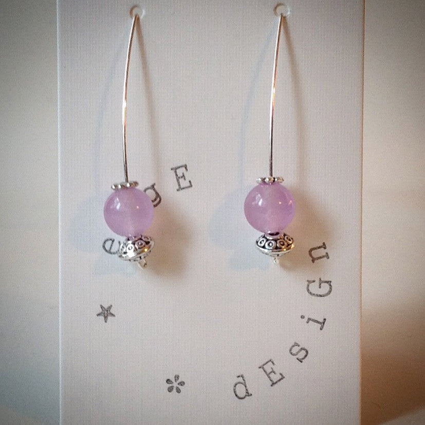 Silver Wire Drop Earrings - Lilac Malaysian Jade Bead and Antique Silver Beads - eDgE dEsiGn London