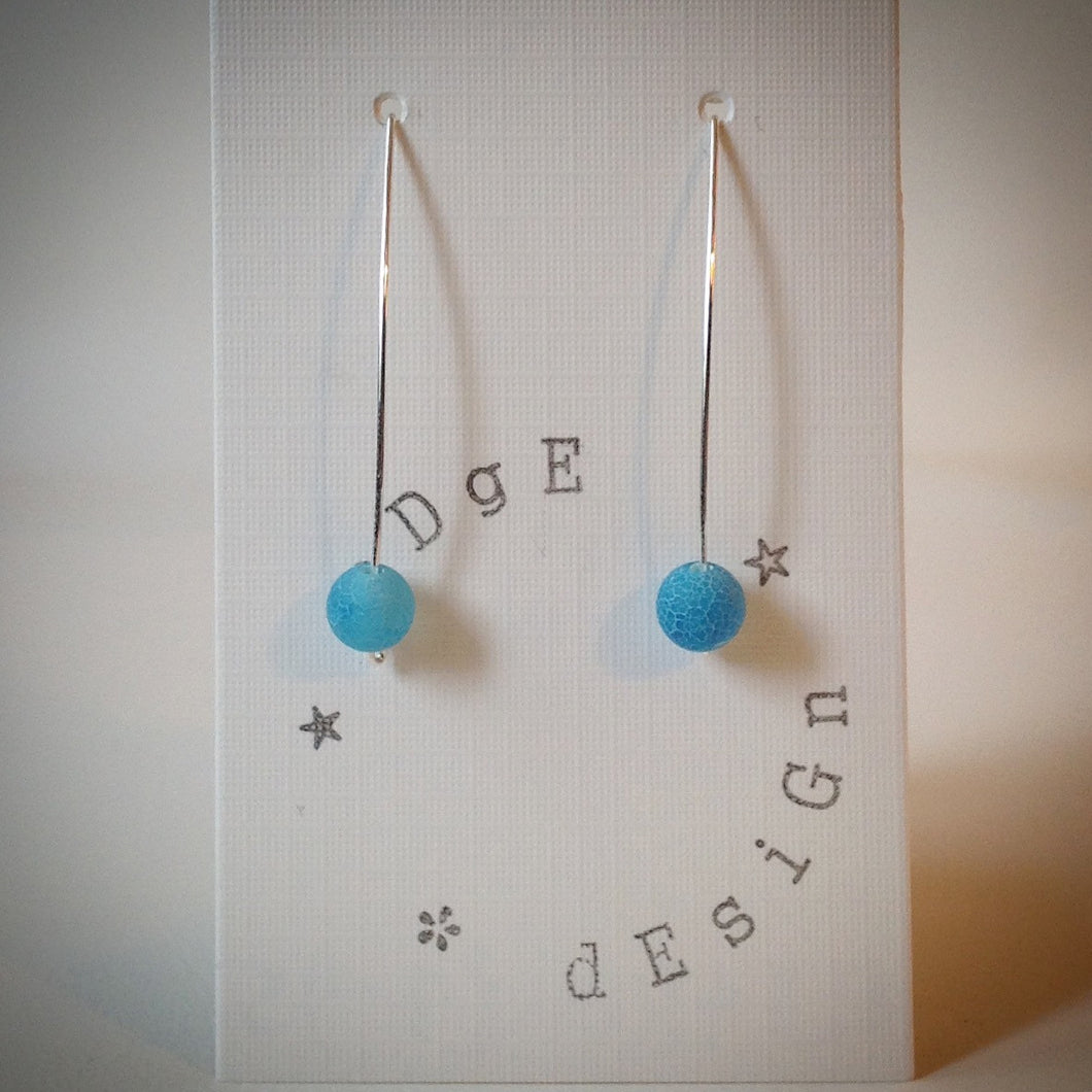 Silver Wire Drop Earrings - Blue Frosted Agate Bead - eDgE dEsiGn London