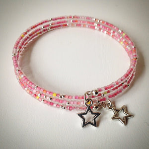 Beaded memory wire bracelet - silver and pink frosted seed beads and star pendants - eDgE dEsiGn London
