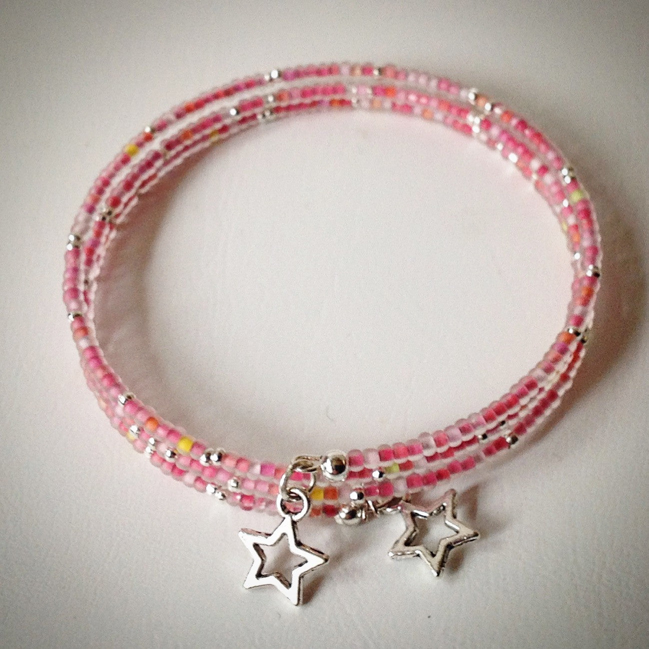 Spiral Memory Wire Bracelet, Handmade Beads, Crystal, Silver; Pink, Green  LJB06