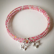 Beaded memory wire bracelet - silver and pink frosted seed beads and star pendants - eDgE dEsiGn London