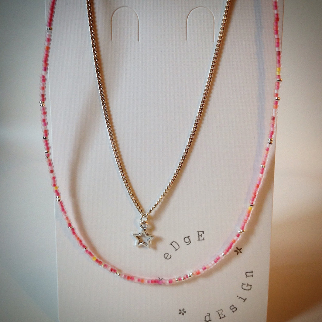 Beaded necklace with silver chain - silver and pink beads and star pendant - eDgE dEsiGn London