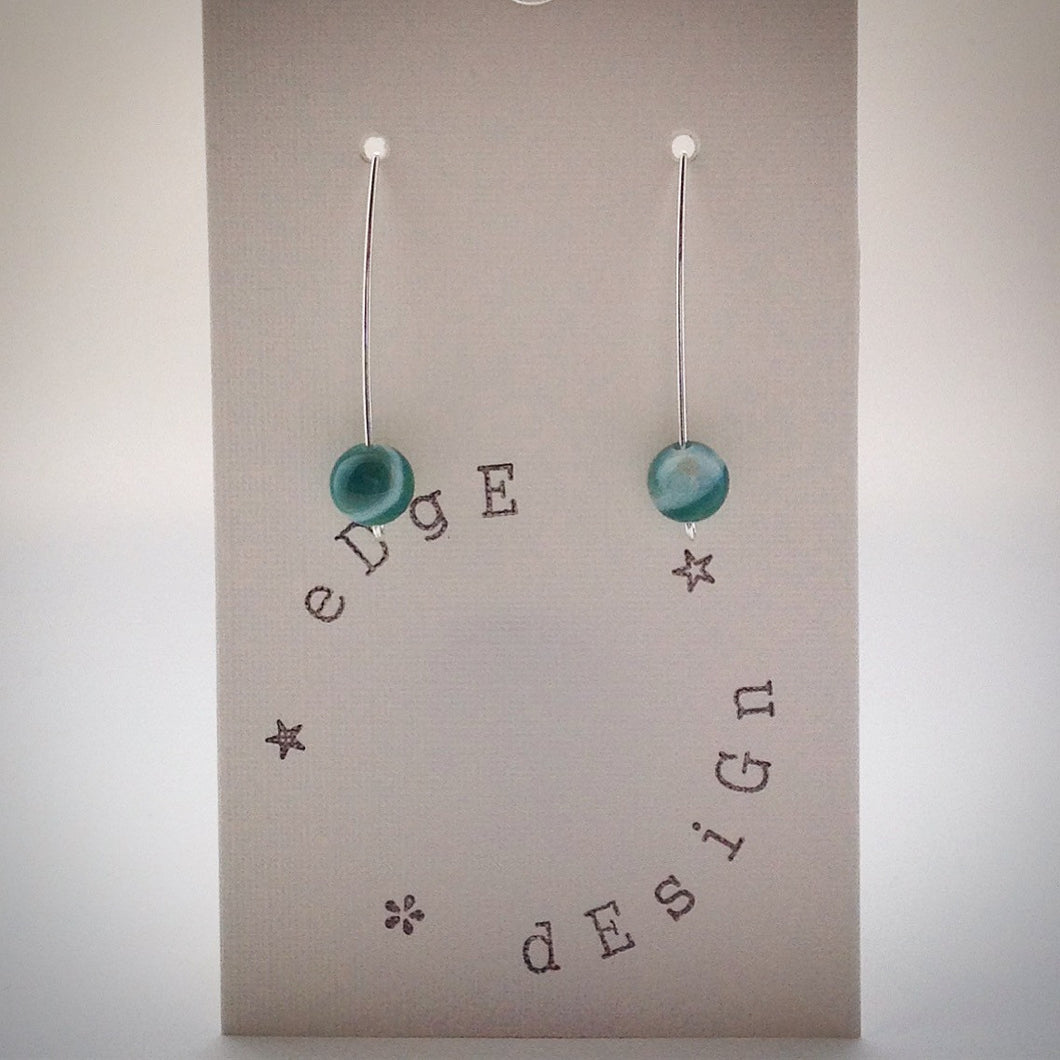 Silver wire drop earrings - Green Banded Agate bead - eDgE dEsiGn London