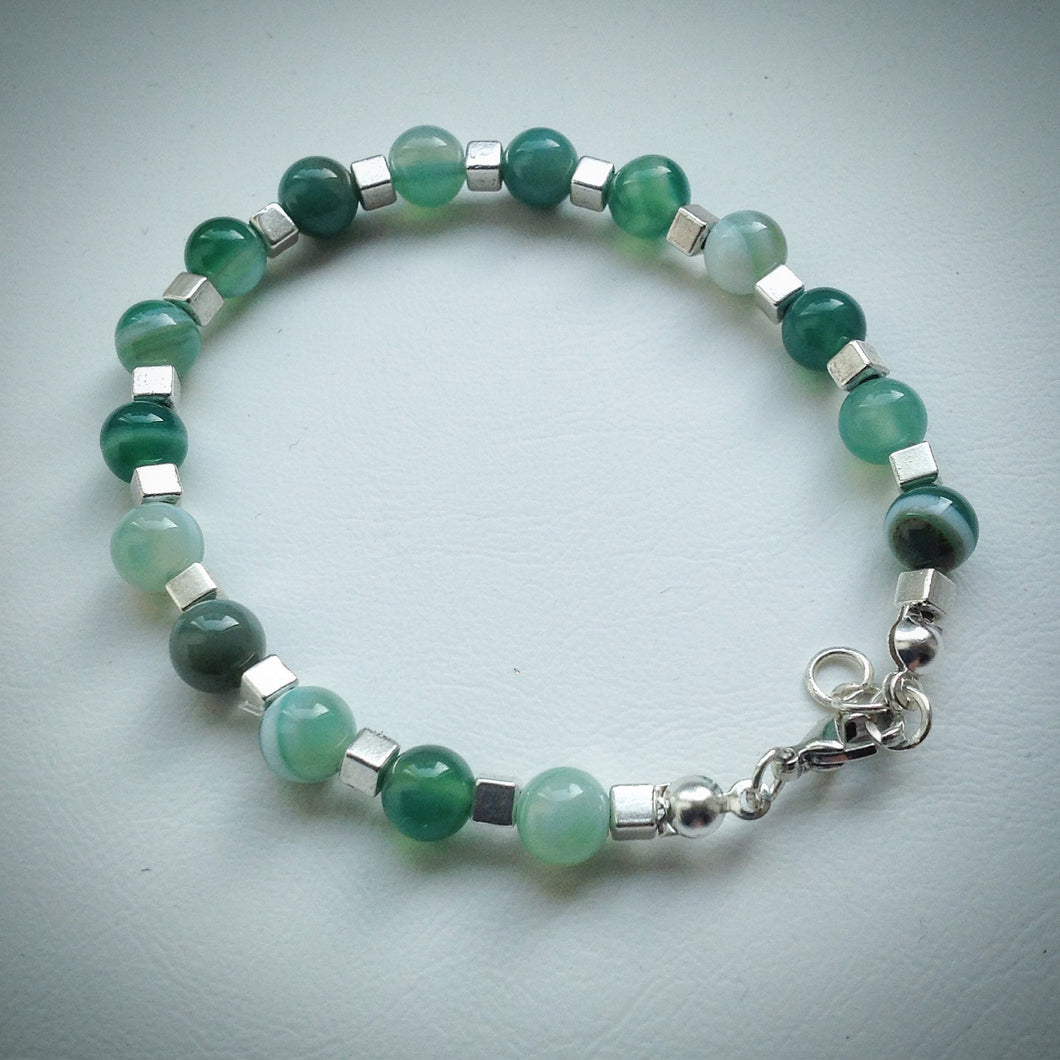 Beaded bracelet - Green Banded Agate and Silver Cube Beads - eDgE dEsiGn London